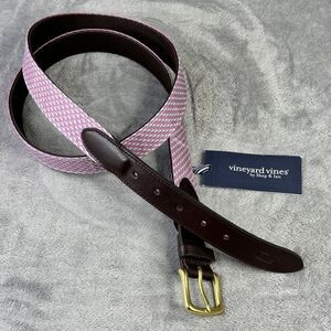 Vineyard Vines Belt Mens 52 Palm Beach Leather Silk Whale Club Brass Buckle